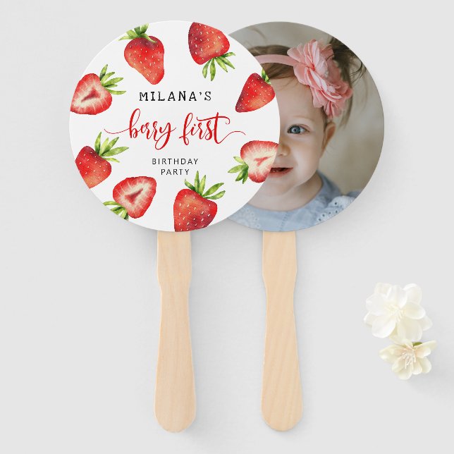 Berry First Strawberry Birthday Party Photo  Hand Fan (Front and Back)