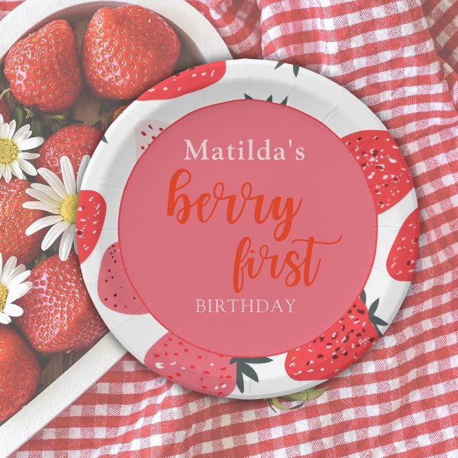  Berry First Strawberry Birthday Party Red Paper Plate (Creator Uploaded)