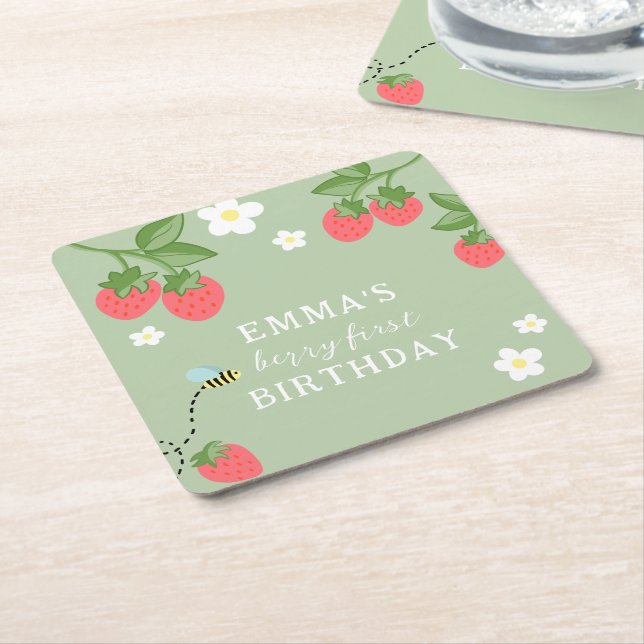 Berry First Strawberry Birthday Party Square Paper Coaster (Angled)