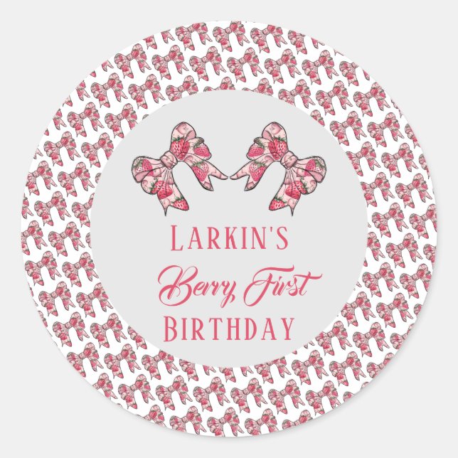 Berry first strawberry birthday Pink Bow Classic Round Sticker (Front)