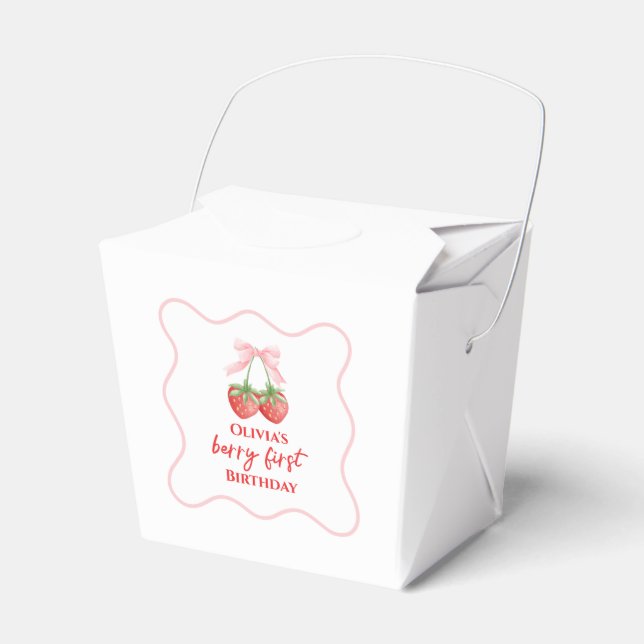 Berry first strawberry birthday Pink Bow Favour Box (Front Side)