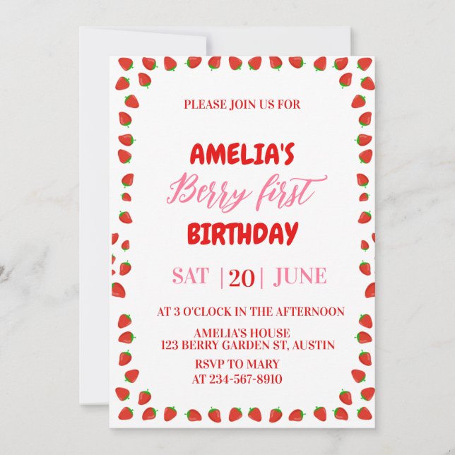 Berry First Strawberry Border Birthday Invitation  (Front)