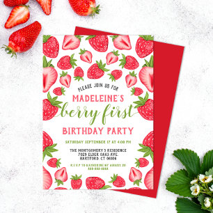 Berry First Strawberry Cute Custom 1st Birthday Invitation