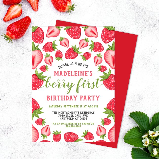 Berry First Strawberry Cute Custom 1st Birthday Invitation (Creator Uploaded)