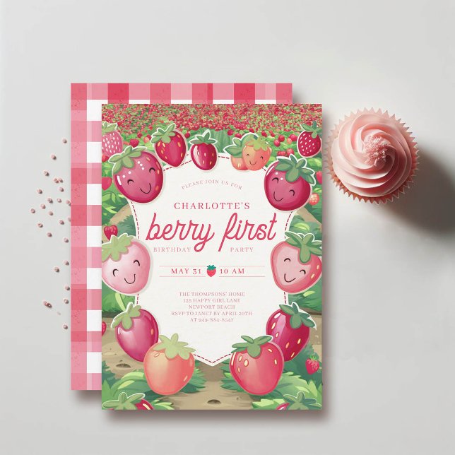 Berry First Strawberry Field Frame 1st Birthday Invitation (berry first birthday invitation 1st party girl pink red watercolor strawberry field cute frame)