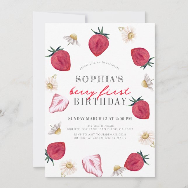 Berry First Strawberry Floral Girl 1st Birthday Invitation (Front)
