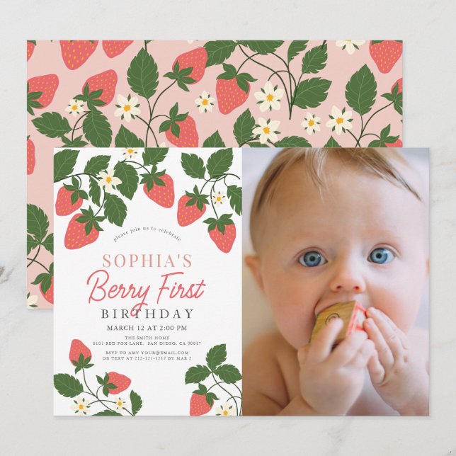 Berry First Strawberry Floral Photo 1st Birthday Invitation (Front/Back)
