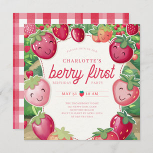 Berry First Strawberry Frame Sweet 1st Birthday Invitation