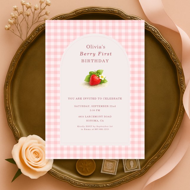 Berry First Strawberry Gingham 1st Birthday Invitation (Creator Uploaded)