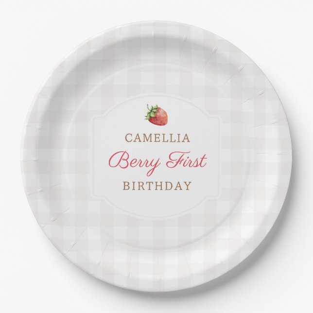 Berry First Strawberry Gingham Birthday Party Paper Plate (Front)