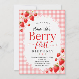 Berry First Strawberry Gingham Girl Birthday Invitation