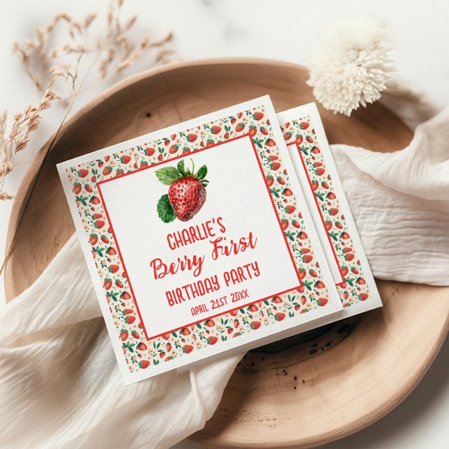 Berry First Strawberry Girl 1st Birthday Party  Napkin (Creator Uploaded)