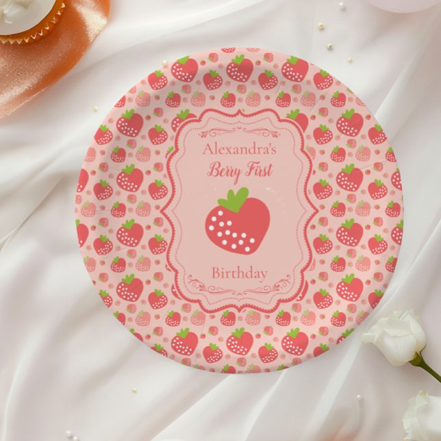 Berry First Strawberry Girl 1st Birthday Party Paper Plate (Creator Uploaded)