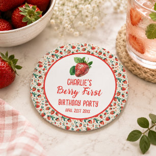 Berry First Strawberry Girl 1st Birthday Party Round Paper Coaster