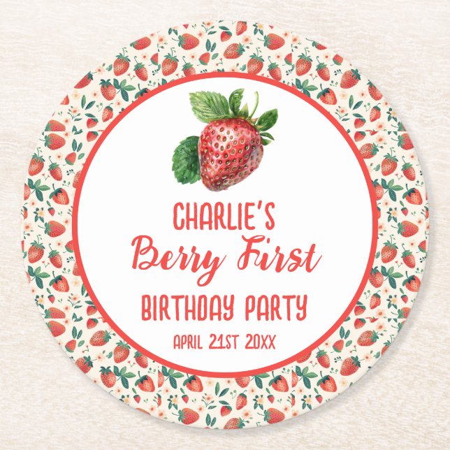 Berry First Strawberry Girl 1st Birthday Party  Round Paper Coaster (Front)
