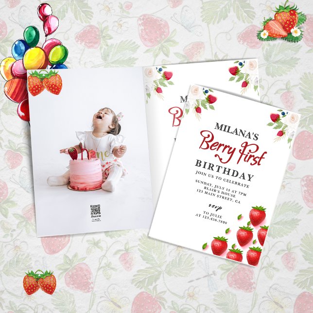 Berry First Strawberry Girl 1st Birthday Photo Invitation (Berry first girl 1st birthday card )