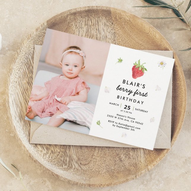 Berry First Strawberry Girl 1st Birthday Photo Invitation (Creator Uploaded)