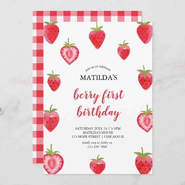 Berry First Strawberry Girl Birthday Invitation (Front/Back)