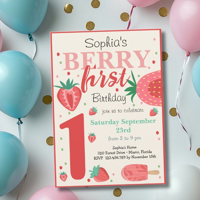 Berry first strawberry kids birthday invitation (Creator Uploaded)