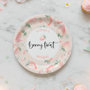 Berry first strawberry kids birthday paper plate