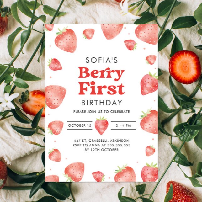 Berry First Strawberry Pattern 1st Summer Birthday Invitation (Creator Uploaded)