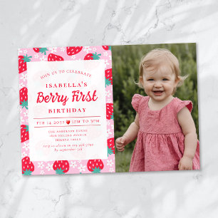 Berry First Strawberry Photo 1st Birthday Party Invitation