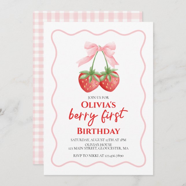 Berry First Strawberry Pink Bow 1st birthday Invitation (Front/Back)
