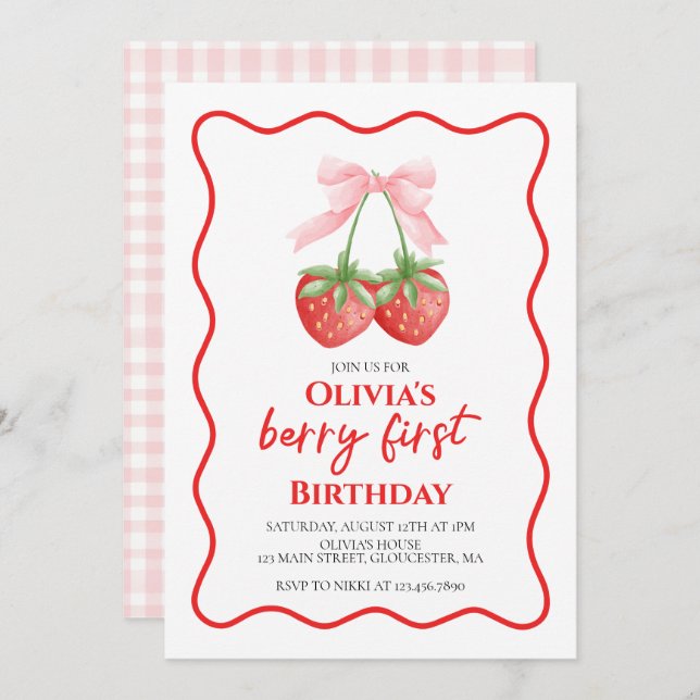 Berry First Strawberry Pink Bow 1st birthday Invitation (Front/Back)