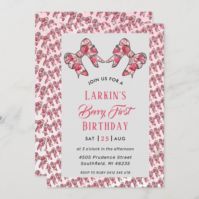Berry First Strawberry Pink Bow 1st birthday Invitation (Front/Back)