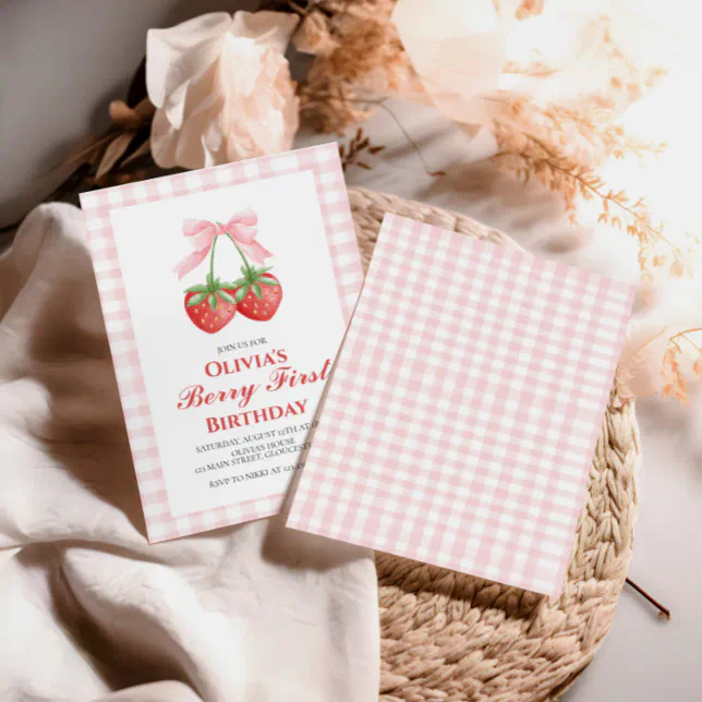 Berry First Strawberry Pink Bow 1st birthday Invitation | Zazzle