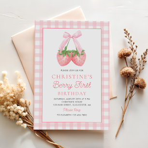 Berry First Strawberry Pink Bow 1st Birthday Invitation