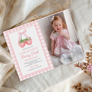 Berry First Strawberry Pink Bow 1st Birthday Photo Invitation