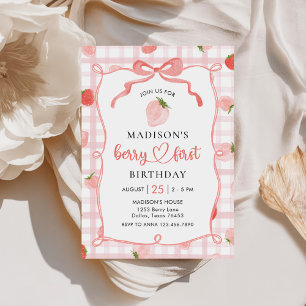 Berry First Strawberry Pink Gingham 1st Birthday Invitation