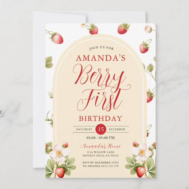 Berry First Strawberry Sweet Birthday Party Floral Invitation (Front)