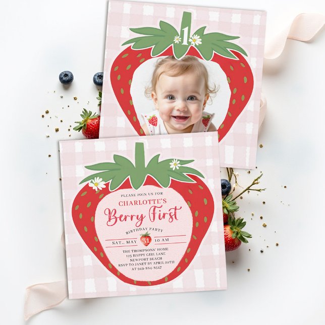 Berry First Strawberry Sweet Photo 1st Birthday Invitation (berry first birthday party invitation girls strawberry 1st photo watercolor gingham farmhouse patch)