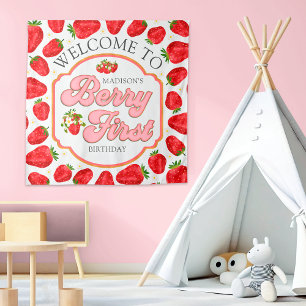 Berry First Strawberry Welcome Birthday Banner Tapestry