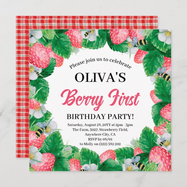 Berry First Watercolor Strawberry 1st Birthday  In Invitation (Front/Back)