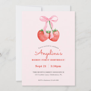 Berry First Watercolor Strawberry 1st Birthday Invitation