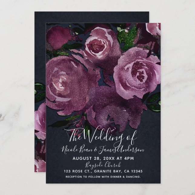 Berry Fuchsia Roses Dark Floral Glam Wedding Invitation (Front/Back)