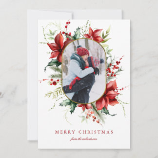 Berry Gold Foil Frame Photo Christmas Holiday Card