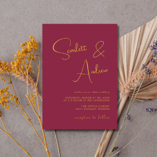 Berry & Gold Minimal Modern Calligraphy Wedding Invitation