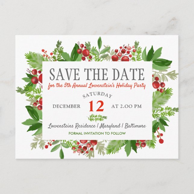 Berry Holly Christmas Holiday Party Save The Date Announcement Postcard (Front)