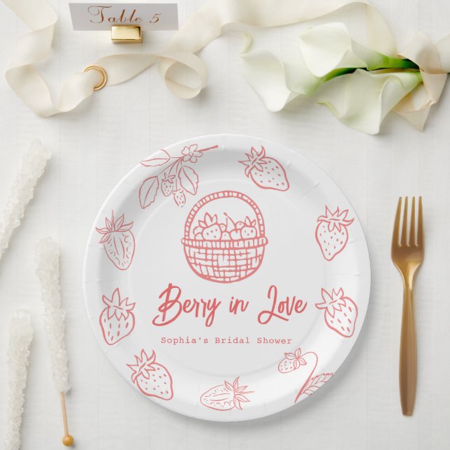 Berry in Love Hand-drawn Strawberry Bridal Shower Paper Plate (Wedding)