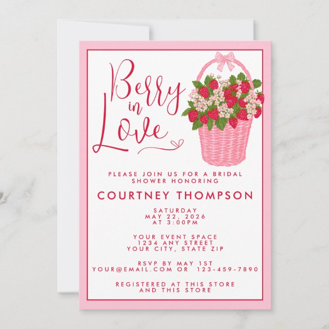 Berry In Love Pink & Red Strawberry Bridal Shower Invitation (Front)