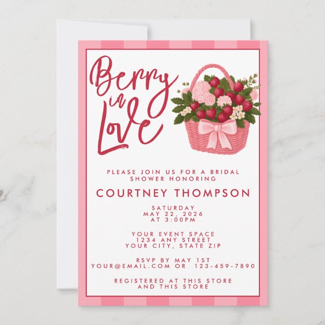 Berry In Love Pink & Red Strawberry Bridal Shower Invitation (Front)