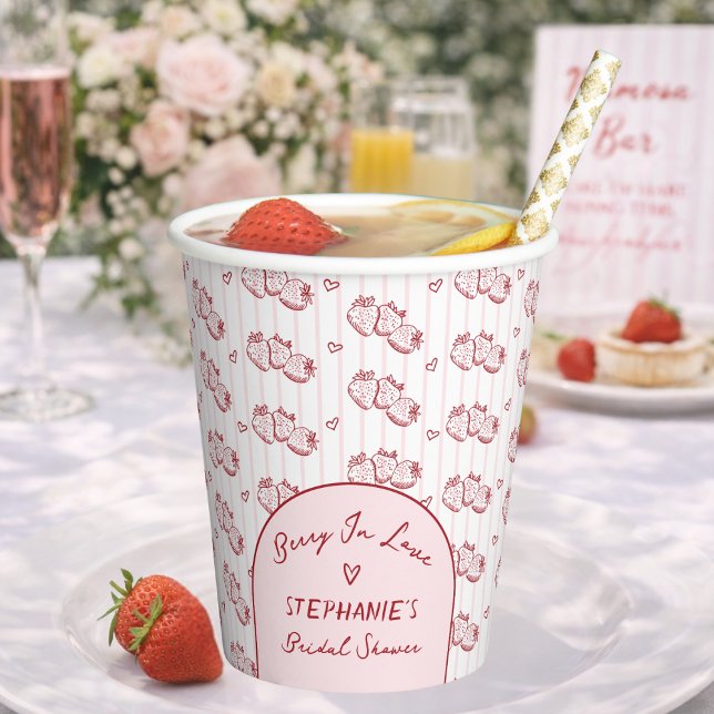 Berry In Love Pink Red Strawberry Bridal Shower Paper Cups (Creator Uploaded)