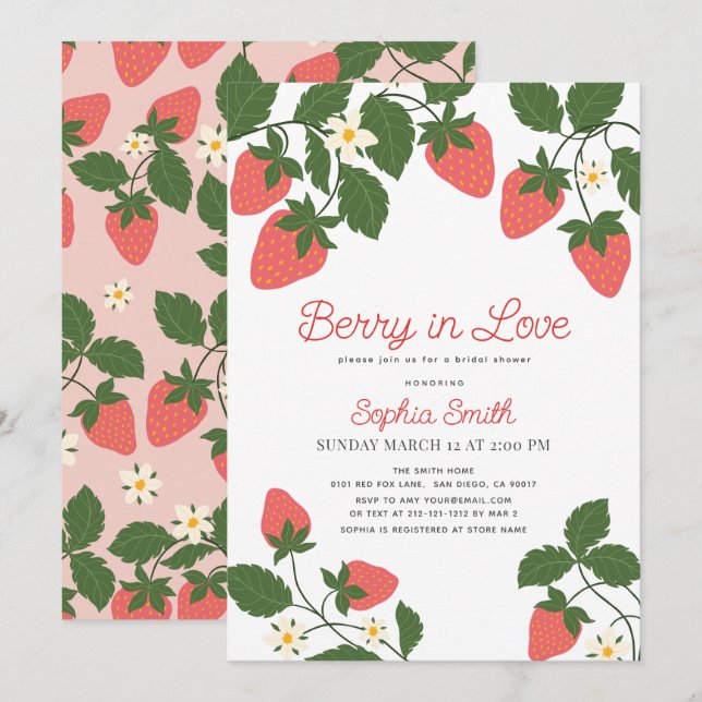 Berry in Love Pink Strawberry Floral Bridal Shower Invitation (Front/Back)