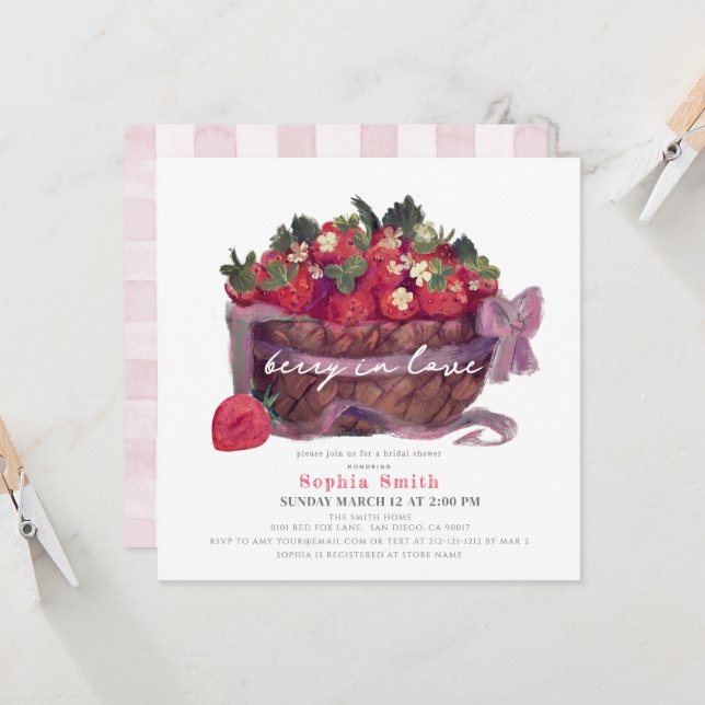 Berry in Love Strawberry Bow Basket Bridal Shower Invitation (Front/Back In Situ)
