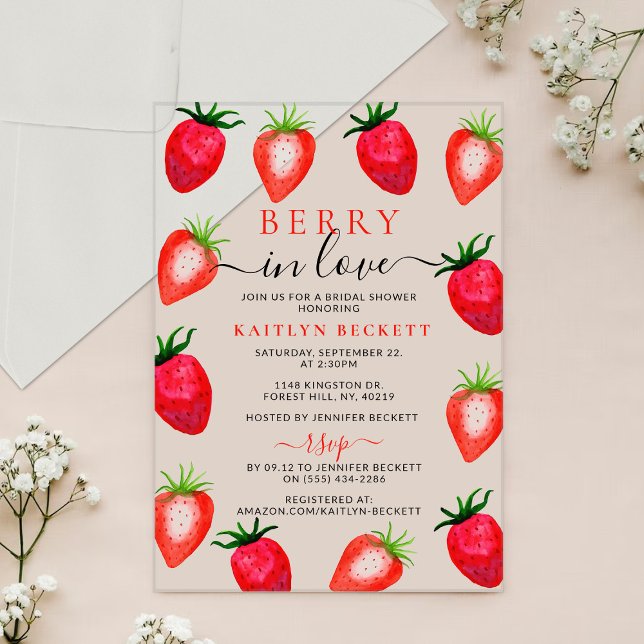 Berry In Love Strawberry Bridal Shower Acrylic Invitations (Creator Uploaded)
