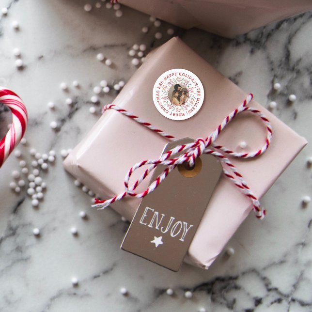 Berry, leaf red Happy Holidays Christmas photo Classic Round Sticker (Creator Uploaded)